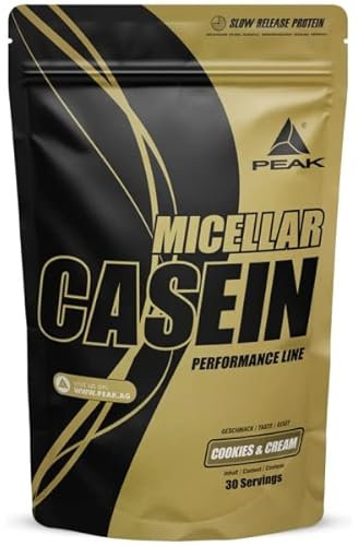 PEAK Micellar Casein - 900g Geschmack Cookies & Cream I 30 Portionen I Pulver I Proteinquelle: Milchprotein I fettarm I Muskelaufbau I mit Sättigungseffekt & Zusatz von Laktase