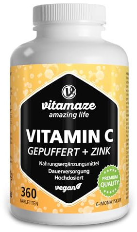 Vitamin C Gepuffert 1000 mg mit 20 mg Zink, 360 Tabletten, vegan, pH-neutral, magenschonend, frei von Säure und optimal bioverfügbar, Supplement ohne Zusatzstoffe, Made in Germany