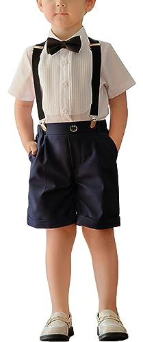 Yimutian 3 Pezzi Ragazzo Eleganti Completi,Abito Bambini Estivo Pantaloncini con Bretelle + Camicia e Papillon Tuta Bambino Cerimonia Nozze Suit Navy_A 6-7 anni