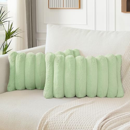 Soleebee 2er Set Plüsch Samt Kissenbezüge, Weiche Künstliche Pelz Kissenbezug Sofa Zierkissenbezüge Dekokissen Kissenhülle Set für Schlafzimmer Zuhause Couch Auto Dekor (30x50cm, Hellgrün)