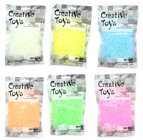 Happy Price Toys Midi strykpärlor påse med ljusa färger, 6 x 2 000 stycken, totalt 12 000 ljuspärlor, lysande i mörkret, plast, oblong, pärla, strykpärlor, 360379031