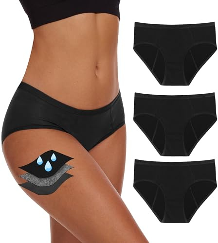 YESWEL Period Underwear For Women, Leak-Proof Hipster, Brief, Heavy Flow, 3 Pack (Medium, Black)