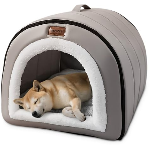 ALLSOPETS Cama Cueva para Perros, Cama Auto-Calefactable 2-en-1 Plegable para Gatos y Perros Pequeños y Medianos, Casa Iglú para Gatos Tienda Mascotas con Techo y Asas (Gris Niebla, L)