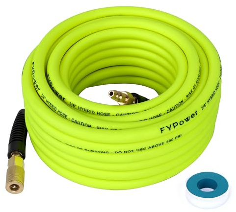 FYPower Air Compressor Hose 3/8 Inch x 50 Feet Hybrid Hose with Fittings, Flexible and Kink Resistant, 1/4 Industrial Quick Coupler and Plug Kit - Green