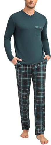Leversic Pijama de Invierno Hombre Algodón Conjunto de Pijama a Cuadros Conjunto de Ropa de Dormir de Cuello Redondo Pijama de Manga Larga y Pantalones de Dormir a Cuadros Largos(Verde,3XL)