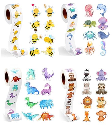 Luckwaii Sticker Tiere 2000 Stück Animal Sticker Rolle Cartoon Tiere Belohnungsaufkleber Selbstklebend, Aufkleber Biene für Scrapbooking, DIY Handwerk, Journal, Geschenke für Erwachsene Kind (4 Rolle）