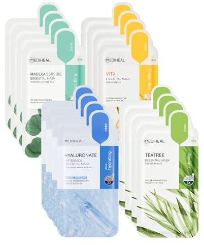 Mediheal Sheet Mask New Essential HERO 16 pack (Hyaluronate, Tea Tree, Madecassoside, Vita) | Korean Skincare Facial Sheet Mask Combo gift set
