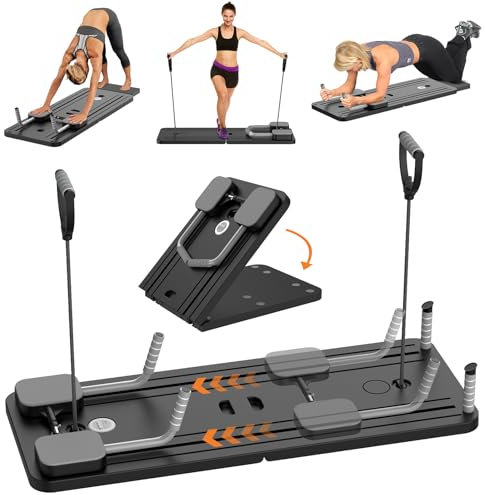 Pilates Reformer Set, 5 in 1 Pilates Reformer Maschine für Zuhause Mit LED-Zähler und Handyhalterung, Multifunktionales Bauchmuskel Brett für Zuhause und Fitnessstudio, Tragbar Faltbar (Schwarz)
