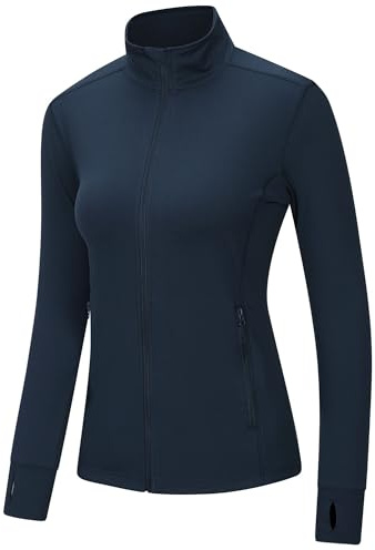 Outdoor Ventures Löparjacka för kvinnor, stående krage, sportjacka, långärmad träningsjacka, lätt ventilerande träningsjacka, sweatjacka utan huva med tumhål och ficka för löpning, yoga, fitness