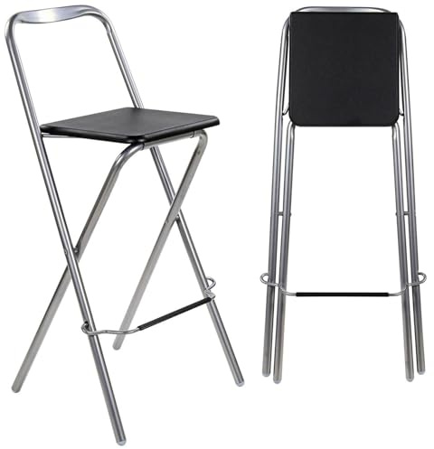 Livhome Folding Bar Stool with Wooden Seat, Metal Frame Collapsible Perching Stool, Portable Compact Foldable Chair for Kitchens, Breakfast Bars, Dining, and Indoor Seating Needs (1, Black)