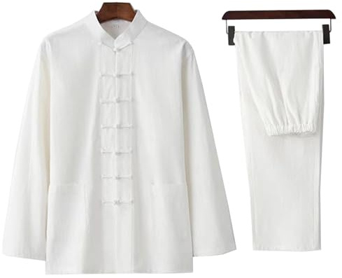 DAYKET Abbigliamento Tai Chi da Uomo, Uniforme Tradizionale Cinese per Arti Marziali, Set di Kung Fu in Cotone e Lino, Camicia a Maniche Lunghe, Pantaloni e Completo,White-5XL