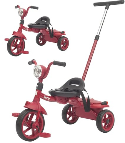 Twinly Evolutionäres Baby-Dreirad, faltbar, für Kinder von 1-5 Jahren, leicht und kompakt, Lenker mit Licht und Sound, Korb und verstellbarer Schiebestange Carly (rot)