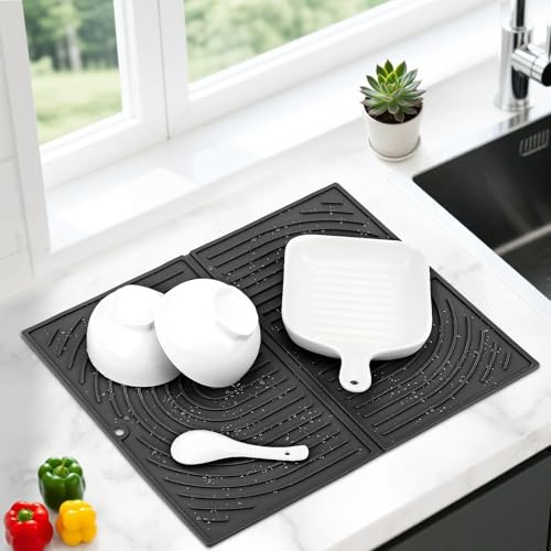 Alfombrilla Escurreplatos Silicona, Alfombra Escurreplatos para Cocina Fregadero, Bandeja Escurridor Plegable, Antideslizante, Secado Rápido, Resistente al Calor, 43×34 cm (Negro)