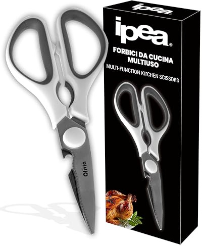 IPEA Forbici da Cucina Multiuso - 20 CM - Forbici Taglio Pollo, Carne, Pesce, Verdura - Multifunzione in Acciaio per Tagliare Pizza e Alimenti - Dotate di Apribottiglie, Cavatappi e Schiaccianoci