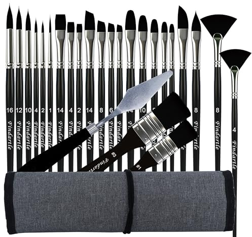 Findartle Pinceles Pintura acrílico,25 Pinceles para Acuarela, acrílica,óleo, Gouache,Pincel artístico con Punta Redonda, Plano, Filbert, angulare, Abanico, Dagger, Lengua de Gato (Negro)