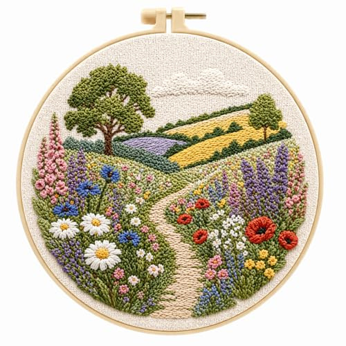 CAYLEKI Flower Meadow Embroidery Kit, Pre-Printed Fabric, 25 x 25 cm