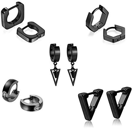 JewelryWe Pendientes de triángulo clásicos, de acero inoxidable, 5 pares color negro, regalo cumpleaños originales
