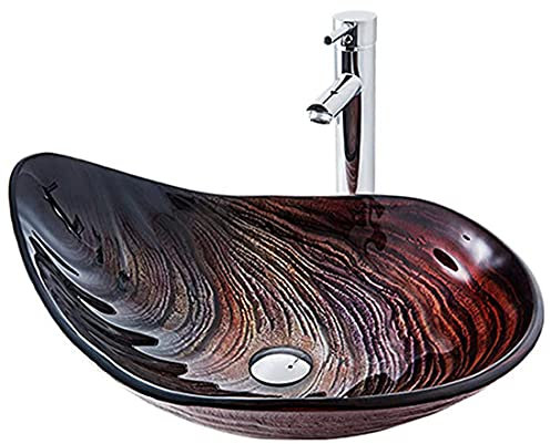 XYEJL Lavabo De Vidrio Templado, Lavabo Cristal Templado Forma De Gota De Agua Lavamanos Cristal Baño Marrón Lavabo sobre Encimera para Baño con Grifo De Cromado,C