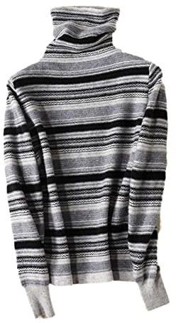 Dam kashmirtröja polokrage varm ull stickning jumper kvinnlig vintage randig pullover, Grå, M