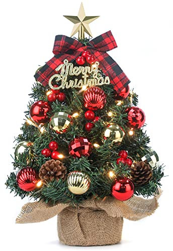 Mini Weihnachtsbaum Kleiner Weihnachtsbaum mit Beleuchtung LED Tisch Weihnachtsbaum klein künstlich geschmückt für Weihnachten Deko 40cm (Rot)