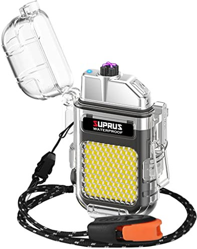SUPRUS Wasserdichtes Leuchtfeuerzeug, 3 Modi, Taschenlampe, Winddicht, Doppelbogen, elektrisches Feuerzeug, wiederaufladbar, Dual Arc Plasma-Feuerzeug mit Überlebens-Notfall-Pfeife und Umhängeband