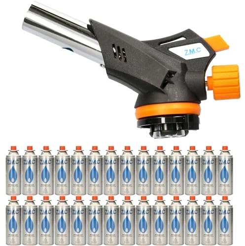 Z.M.C Gasbrännare 1,3 kW + 28 gaspatroner 227 g - bunsenlampa upp till 1 300 °C, piezoelektrisk tändning, justerbar låga för kök