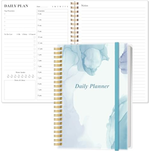 Daily Planner Undated - A5 To Do List Notebook Hourly Schedules, Spiral Appointment Planner for Women and Men, PVC Hardcover, Inner Pocket, Elastic Closure, 5.8 x 8.5, Blue Watercolor
