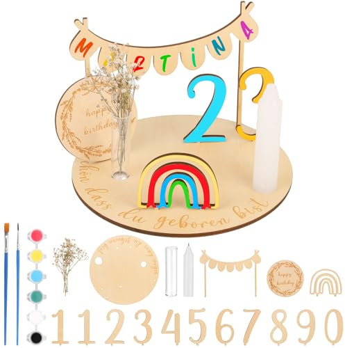 Personalisierter Holz Geburtstagsteller, Holz Geburtstagskranz mit Kerzenhalter, Regenbögen und Zahlen, DIY Geburtstagsdeko Geburtstagsteller mit Gravur, Geburtstagstischdeko für Kinder und Baby