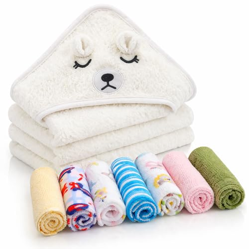 Mordely Asciugamano con cappuccio da 80 x 80 cm, con 7 panni per la pulizia del bambino (22 x 22 cm), set di asciugamani da bagno ultra morbidi per la cura dei neonati