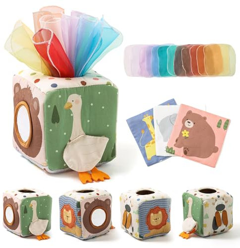WOODEN TEETHER Tissue Box Montessori Motorikspielzeug, 6-12 Monate Sensorik Baby Spielzeug mit Spiegel, Farben, Texturen, Kinder Frühes Lernspielzeug für Jungen Mädchen Geschenke