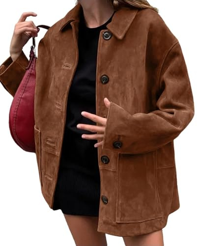 chouyatou Women's Fall Boyfriend Faux Suede Leather Jacket Casual Midi Long Button Down Shacket Coat (Small, Brown)