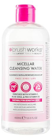 Brushworks Micellar Cleansing Water 400ml – Gentle Makeup Remover with Vitamin E, Aloe Vera & Pro Vitamin B5 for Face, Eyes & Lips, Fragrance Free & Vegan