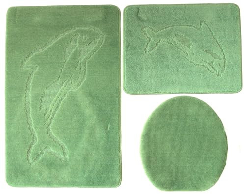 3- teiliges Badvorleger Set Ilkadim Export mit Delphin Muster, Bad Teppich 55cm X 85cm ohne Auschnit gerade für Hänge WC (Hellgrün)