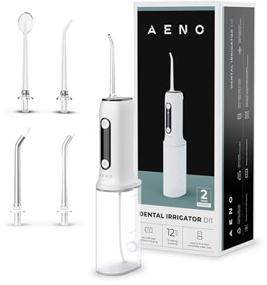 AENO Irrigador Dental DI1-12 – Irrigador Bucal Inalámbrico con 12 Escenarios, 4 Modos & 3 Intensidades – 85 Días de Autonomía, Depósito 200 ml, Estuche de Viaje – Encías & Ortodoncia – Blanco