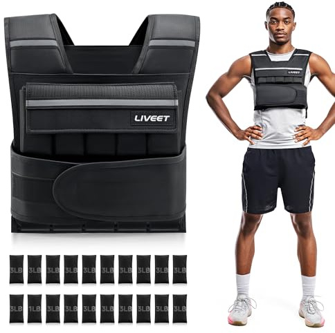 Liveet Adjustable Weighted Vest 60lb for Men Women, 20 Removable Weights