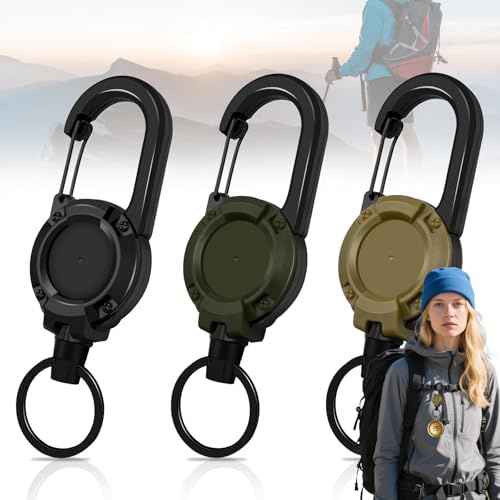 Srup 3 Pièces Remorque clé extensible, Appuyez sur ID échangeable JoJo rétractable, Remorque clé avec corde métallique en acier de 60 cm, Échelle de capital extensible (Noir, vert militaire, kaki)