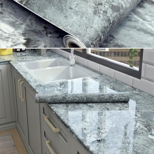 80cm×3m, Glossy Marble Sticky Back Plastic Roll, Grey Marble Vinyl Wrap for Kitchen Worktop, Heat-Resistant Durable Worktop Vinyl Covering, Contact Paper Self Adhesive Furniture Stickers