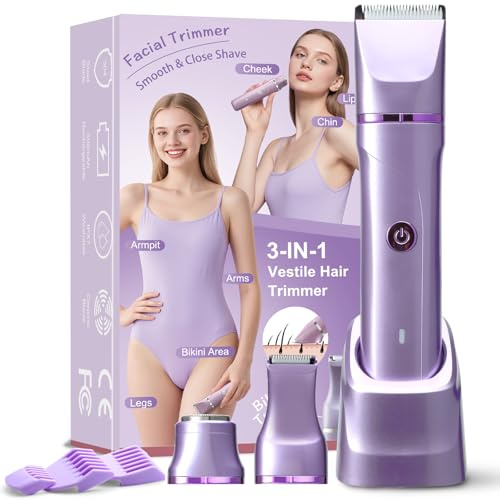 Depiladora Íntima 3 en 1 para Mujer - Depiladora Facial, Afeitadora y Rasuradora para Zona Íntima, Piernas y Brazos - Rasuradora Eléctrica IPX7 a Prueba de Agua con Base de Carga, Morado