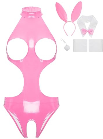 Chaoyinn Costume Dinsieme Per Halloween Per Donna Wetlook Body Catsuit Con Bustier Polsini Coda Di Coniglio Uniforme Per Cosplay B Rosa M