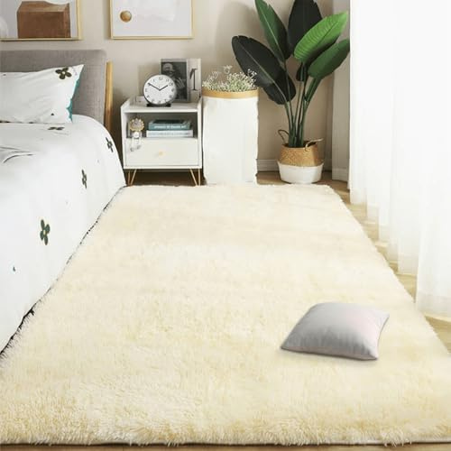 PSHCEE Alfombra Shaggy Salón Grandes 180 x 380 cm Antideslizante Super Suave Pelo Largo Piel de Cordero Oveja Lavable para Dormitorio Matrimonio Infantil Juvenil y Salón, Color Crema