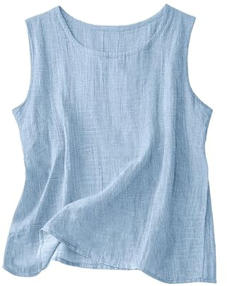 Womens Cotton Linen Tank Tops Round Neck Casual Sleeveless Camisole Blouses Summer Basic Tank Shirt Loose Fit Summer Casual Solid Color Oversized Vest Round Neck Shirts Breathable Comfy Light Blue