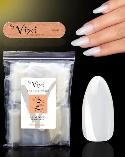 By Vixi 600 MITTEL MANDEL-NÄGEL mit VORBEREITUNGSFEILE, 10 Größen - Opak Express-Fingernagelverlän gerungen, vollabdeckung. Für Profis & den Heimgebrauch