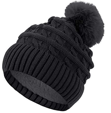 Sibba Bommelmütze für Frauen Winter Beanie Mützen Beanies Fleece Gefütterte Mütze Damen Strickmütze Wollmützen mit Kunstfell Pom Pom Schwarz Einheitsgröße Damen
