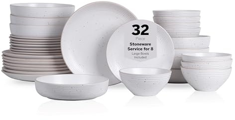 Stone Lain Lauren Modern Stoneware 32-piece Round Dinnerware Set, Plates and Bowls Set, Dish set for 8, Off White