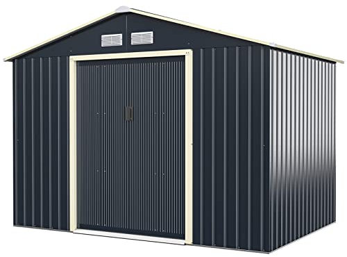 TANGZON 8x6FT/9x6FT/11x8FT Metal Garden Shed, Galvanized Roof Tool Storage House with Lockable Doors & 4 Vents, Outdoor All-Weather Bike Shed (9x6FT, 4 Vents, Dark Grey)