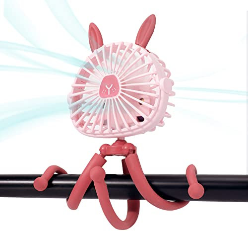 Ventilador de Cochecito con Orejas de Conejo, Ventilador Bebe con Trípode Flexible con luz LED, Ventilador USB Portátil, 360°Giratorio, Pilas Recargables, para Asiento de Coche, Cuna, Camping,Oficina