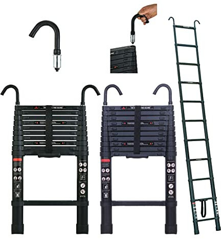 3,2m Teleskopleiter Mehrzweckleiter mit Abnehmbarem Haken Alu-Klappleiter Rutschfester Ausziehbare Robust Stehleiter 150 kg/330 Pfund Belastbarkeitr (Schwarz)