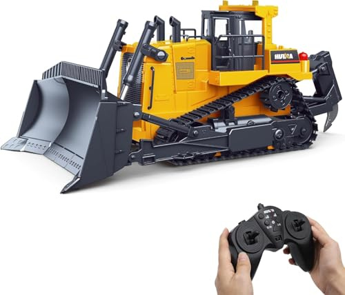 fisca Bulldozer teledirigido RC 1/16 Vehículo de construcción Completamente Funcional Controlado Bulldozer, 2,4 GHz 11 Canales Dozer, Juguete de Carga Frontal con luz y Sonido para niños