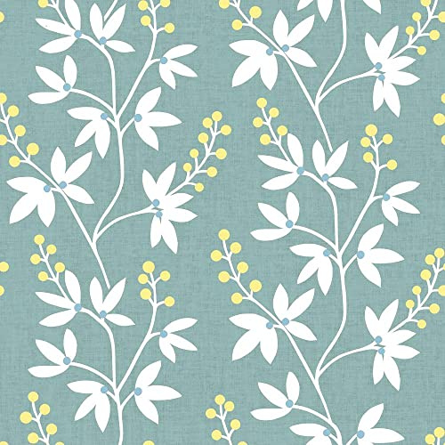 Simplistic Flower Print Teal Wallpaper - Floral Yellow Plants Naturistic - Modern Paste The Wall Contemporary
