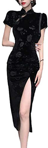 Women's Cheongsam Costume Side High Slit Slim Fit Qipao Chinese Tradtional Party Cocktail Formal Wear Outfit, 12-black, M